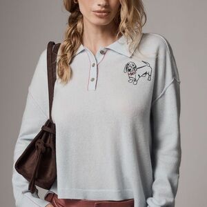 Blue Anthropologie Polo Cashmere Sweater with Embroidered Dachshund